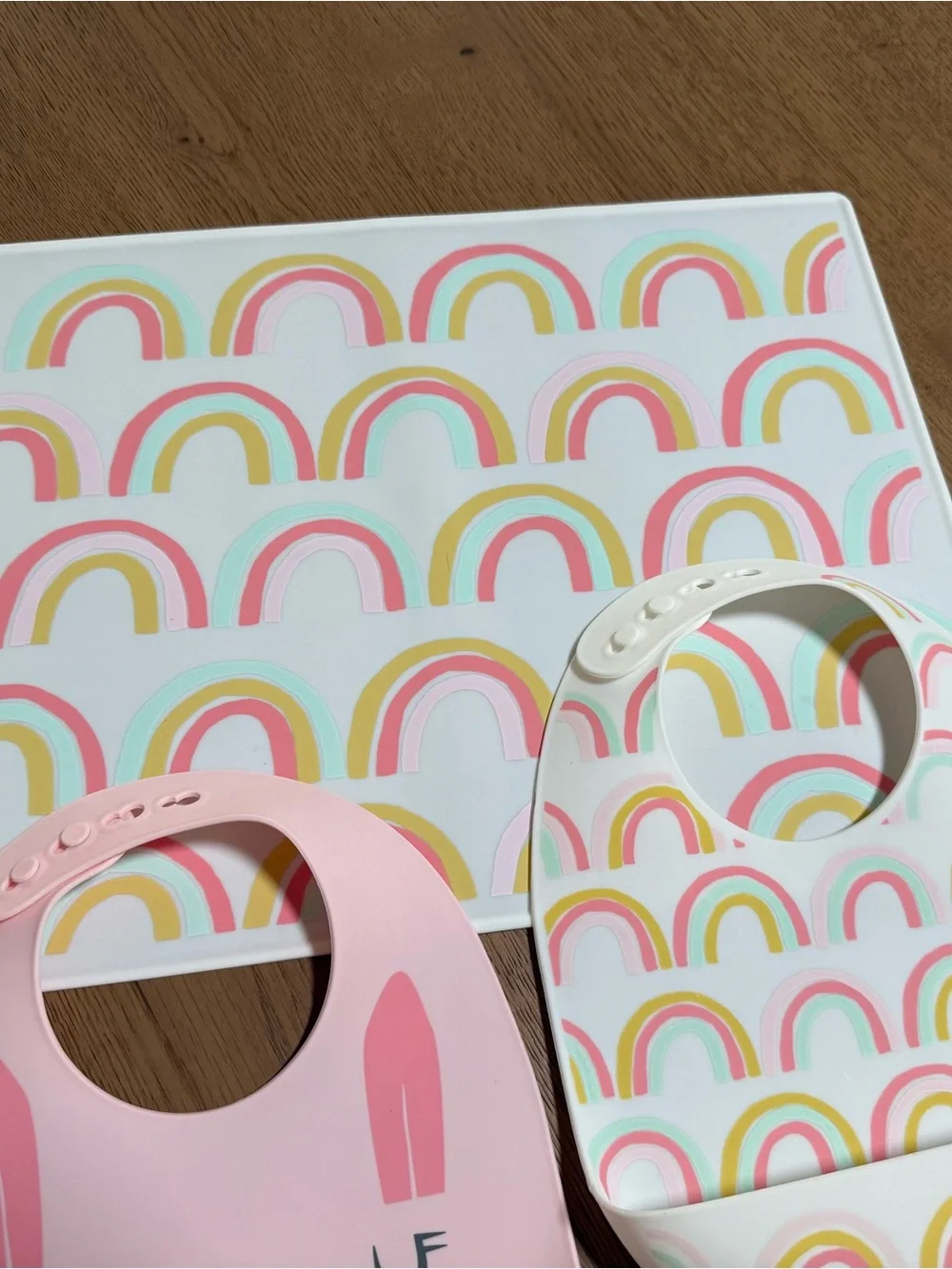 cloud island Pink & Cream Silicone Bibs with Rainbow Print